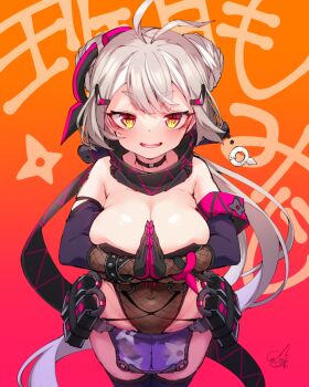 1girl bare_shoulders black_thighhighs breasts cleavage commentary_request cowboy_shot doyouwantto fishnets from_above gloves grey_hair large_breasts looking_at_viewer looking_up momiji_madarame navel neck ninja official_art open_mouth own_hands_together pelvic_curtain revealing_clothes scarf shuriken smile solo tama_project thighhighs thighs virtual_youtuber weapon yellow_eyes