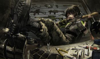 Rule 34 | 1girl, absurdres, assault rifle, black boots, black hair, black shirt, boots, brown hair, can, character request, cigarette, combat boots, commentary, drink can, english commentary, escape from tarkov, fingerless gloves, foreshortening, gloves, green pants, green shirt, gun, high ponytail, highres, holding, holding gun, holding weapon, indoors, killa helmet, lace-up boots, looking at viewer, meltyrice, pants, pliers, ponytail, rifle, scope, screwdriver, shirt, shoe soles, smoke, smoking, sniper rifle, soda can, solo, submachine gun, two-tone shirt, weapon, weapon request