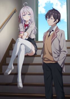 1boy 1girl ahoge alisa_mikhailovna_kujou black_skirt blue_eyes bow bowtie closed_mouth collar collared_shirt commentary_request crossed_legs full_body grey_jacket hair_between_eyes hair_ribbon highres jacket key_visual looking_at_another looking_at_viewer kuze_masachika official_art outdoors promotional_art red_bow red_bowtie red_ribbon ribbon school_uniform shirt sitting sitting_on_stairs skirt smile stairs thighhighs tokidoki_bosotto_roshia-go_de_dereru_tonari_no_alya-san white_collar white_footwear white_hair white_shirt white_thighhighs