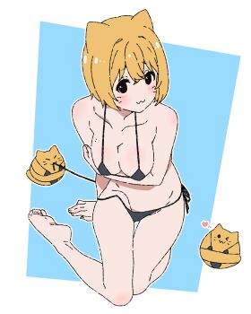 1girl :3 animal_ears arm_under_breasts barefoot bikini black_bikini black_eyes blobcat blonde_hair bob_cut breasts cat_ears collarbone facial_mark heart highres large_breasts matatabeat micro_bikini misskey.io no_nose personification side-tie_bikini_bottom solo swimsuit thigh_gap untied_bikini_bottom whisker_markings