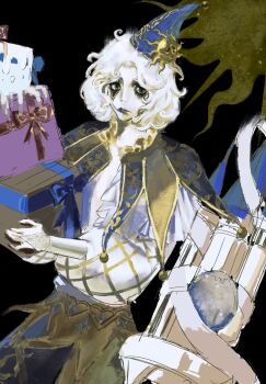 1boy black_background blue_hat blue_lips cibomatto030 clown colored_skin facial_mark frown gift grey_eyes grid_print hat heterochromia highres holding holding_gift identity_v looking_at_viewer male_focus medium_hair official_alternate_costume pants puffy_sleeves solo sun_hat_ornament two-tone_pants weeping_clown_(extinguished_sun)_(identity_v) weeping_clown_(identity_v) white_hair white_skin yellow_eyes