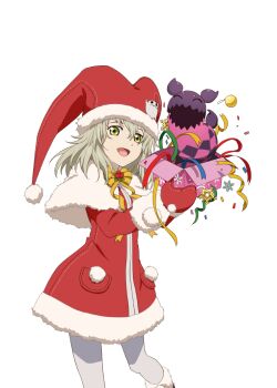 Rule 34 | 1girl, artist request, blonde hair, boots, bow, box, christmas, coat, coat dress, confetti, cowboy shot, creature, doll, dress, elize lutus, elize lutus (christmas), fur-trimmed boots, fur-trimmed coat, fur-trimmed dress, fur trim, game cg, gift, gloves, green eyes, hat, holding, holding box, looking at viewer, medium hair, official alternate costume, official art, open mouth, pantyhose, pocket, red coat, red gloves, ribbon, santa costume, santa hat, smile, solo, tales of (series), tales of asteria, tales of xillia, teepo (tales), third-party source, transparent background, white pantyhose, yellow bow, yellow ribbon