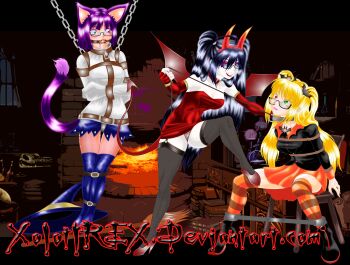 absurdres ball_gag bdsm belt bondage bondage_gear bondage_outfit boots bound chair chairtie collar demon_girl demon_horns demon_tail fingerless_gloves fishnet_pantyhose fishnet_socks fishnets gag gagged glasses gloves heterochromia high_heels highres horns leg_strap minidress pantyhose skirt socks straitjacket straps striped_clothes striped_socks tail thigh_boots twintails wings xolotlrex