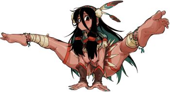 1girl anklet bandaged_leg bandages barefoot bead_anklet beads black_eyes black_hair blush borrowed_character breasts closed_mouth colored_inner_hair commentary_request dark-skinned_female dark_skin detached_sleeves doppel_(bonnypir) dot_mouth dreamcatcher feathers feet fringe_trim full_body green_hair green_nails hair_between_eyes hair_tubes hairband handstand highres jewelry large_breasts legs_up long_hair long_hair_between_eyes long_sidelocks looking_at_viewer low-tied_sidelocks multicolored_hair nail_polish native_american nipples original poncho pubic_hair pubic_hair_peek sidelocks simple_background skirt solo split spread_legs thigh_strap toenail_polish toenails white_background