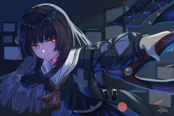 Rule 34 | 1girl, black choker, black hair, black jacket, black serafuku, black shirt, chisa (wuthering waves), choker, commentary, crop top, crt, different reflection, hair ribbon, highres, holding, jacket, long hair, looking at viewer, neckerchief, niadn nb, outstretched arm, red eyes, red neckerchief, red ribbon, reflection, ribbon, sailor collar, school uniform, serafuku, shirt, signature, solo, white sailor collar, wuthering waves