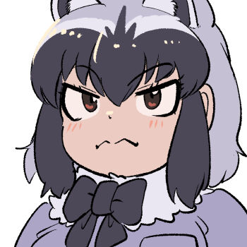 1girl animal_ears blue_skirt blush bow bowtie brown_eyes closed_mouth commentary common_raccoon_(kemono_friends) extra_ears grey_bow grey_bowtie grey_hair kemono_friends looking_at_viewer mcgunngu raccoon_ears raccoon_girl scarf shirt short_hair simple_background skirt solo upper_body