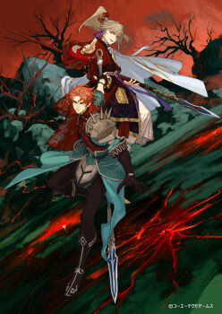 2boys archer_(fate/samurai_remnant) arm_guards armor bare_tree blonde_hair boots cape chinese_clothes chinese_hairpin commentary_request fate/samurai_remnant fate_(series) fingerless_gloves full_body gloves green_eyes green_jacket grey_hair hair_ornament hanfu high_ponytail highres holding holding_polearm holding_weapon jacket long_hair looking_at_viewer male_focus medium_hair midair multicolored_hair multiple_boys official_art orange_hair outdoors pants pauldrons polearm ponytail promotional_art red_hanfu red_shirt red_sky shirt shoulder_armor single_fingerless_glove single_pauldron sky smile spiked_pauldrons spikes streaked_hair tassel tassel_hair_ornament tree wataru_rei wavy_hair weapon xiao_guan_(headdress) yellow_eyes zhao_yun_(fate)