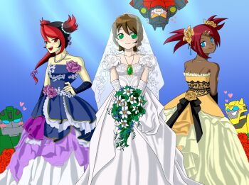 3girls alexis_(transformers) artist_request bare_shoulders black_hair blue_eyes blush_stickers bouquet bridal_veil brown_hair bulkhead bumblebee_(transformers) collarbone crossover dark-skinned_female dark_skin dress elbow_gloves flower gloves green_eyes hair_flower hair_ornament heart jewelry miko_nakadai multicolored_hair multiple_girls necklace orange_eyes orange_flower orange_rose pearl_necklace ponytail purple_flower purple_rose red_eyes red_hair rose sari_sumdac short_hair short_twintails starscream strapless strapless_dress transformers transformers_animated transformers_armada transformers_prime transformers_unicron_trilogy twintails two-tone_hair veil wedding_dress