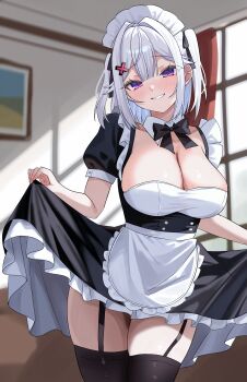 1girl absurdres apron black_dress black_thighhighs blurry bow bowtie breasts cleavage clothes_lift cowboy_shot depth_of_field detached_collar dress dress_lift garter_straps grin hair_intakes hair_ornament hair_ribbon highres indoors large_breasts lifting_own_clothes looking_at_viewer maid maid_apron maid_headdress original purple_eyes ribbon short_hair short_sleeves sidelocks smile solo standing thighhighs thighs tillots two_side_up waist_apron white_hair x_hair_ornament yuki-chan_(tillots)