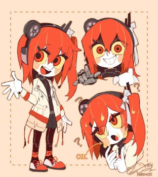 1girl ? ?? a.i._voice adachi_rei android black_pantyhose black_shirt black_skirt brown_background brown_jacket chibi colored_sclera commentary cropped_shoulders english_commentary english_text eyeshadow gloves grin hair_ribbon hand_up headlamp headphones highres holding holding_gloves holding_unworn_clothes inset_border jacket looking_at_viewer makeup mechanical_hands mori_no_ji motor_oil multiple_views nervous_sweating one_side_up open_clothes open_jacket orange_eyes orange_eyeshadow orange_hair pantyhose radio_antenna ribbon shaded_face shirt shoes signature simple_background single_glove single_mechanical_hand skirt smile sneakers sweat turtleneck turtleneck_shirt unworn_gloves utau white_gloves white_ribbon wide-eyed yellow_sclera