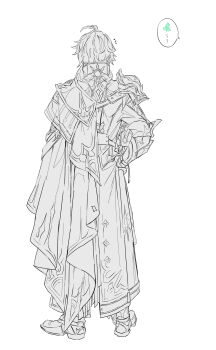 1boy ? absurdres ahoge armor belt cape commentary_request facing_away full_body greyscale hand_on_own_hip highres honkai:_star_rail honkai_(series) lv_minus999 male_focus monochrome notice_lines phainon_(honkai:_star_rail) short_hair shoulder_armor solo speech_bubble sun_symbol