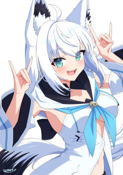 Rule 34 | 1girl, ahoge, animal ear piercing, animal ears, aqua neckerchief, blush, breasts, collarbone, commentary request, detached sleeves, double fox shadow puppet, fox ears, fox girl, fox shadow puppet, fox tail, front slit, hair between eyes, highres, hololive, long hair, long sleeves, looking at viewer, medium breasts, neckerchief, open mouth, semeto (a2439x), shirakami fubuki, shirakami fubuki (1st costume), shirt, simple background, sleeveless, sleeveless shirt, smile, solo, tail, virtual youtuber, white background, white hair, white shirt, white sleeves, wide sleeves