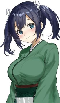 1girl black_hair blue_eyes blue_hair blush breasts green_hakama green_kimono hair_ribbon hakama japanese_clothes kantai_collection kimono large_breasts looking_at_viewer ribbon short_hair smile solo souryuu_(kancolle) twintails upper_body yakizakana_(sakana_u_u)