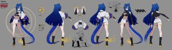 1girl absurdres black_boots black_bridal_gauntlets blue_hair blue_tail boots bracelet breasts bridal_gauntlets crescent crescent_hair_ornament crop_top cropped_jacket dragon_girl dragon_tail epebe from_behind full_body grey_background hair_between_eyes hair_horns hair_ornament highres indie_virtual_youtuber jacket jewelry large_breasts legs leotard long_hair meme multiple_views nail_polish navel platform_boots pointing red_eyes reference_sheet see-through_cleavage see-through_clothes see-through_leotard shorts standing starry_hair tail two_soyjaks_pointing_(meme) vienna_(vtuber) virtual_youtuber white_jacket white_shorts yellow_fire