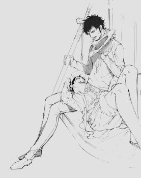 Rule 34 | 2boys, commentary, facial hair, goatee, greyscale, hat, headwear switch, highres, holding, holding unworn clothes, holding unworn hat, lap pillow, long sideburns, long sleeves, looking at another, male focus, messy hair, monkey d. luffy, monochrome, multiple boys, one piece, rami rz, shirt, short hair, sideburns, sweatdrop, teeth, trafalgar law, unworn hat, unworn headwear, yaoi