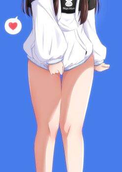 1girl black_hoodie blue_background brown_hair commentary_request heart highres hololive hood hoodie korean_commentary long_hair moezi no_pants official_alternate_costume solo spoken_heart tokino_sora tokino_sora_(dj_hoodie) two-tone_hoodie virtual_youtuber white_hoodie