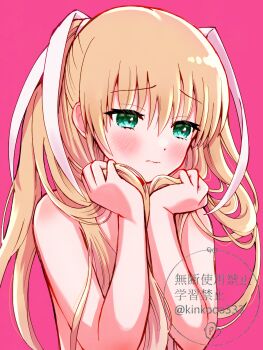Rule 34 | 1girl, 3:, aqua eyes, averting eyes, blonde hair, blush, closed mouth, commentary request, embarrassed, eyelashes, furrowed brow, hair between eyes, hair ribbon, hand on headwear, hands up, highres, holding, holding own hair, little busters!, long hair, long ribbon, looking to the side, nude, partial commentary, pink background, piyo (kinkooo333), ribbon, sidelocks, simple background, solo, tokido saya, twitter username, two side up, upper body, very long hair, watermark, white ribbon