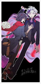 1boy 1girl abstract_background absurdres argyle_clothes argyle_footwear black_background black_footwear black_jacket black_pants black_shirt blazer blue_coat boots brown_eyes brown_footwear coat collarbone collared_jacket collared_shirt commentary_request crazy crazy_smile eyelashes fingernails flower from_behind full_body fuwa_minato grey_hair grey_vest hand_on_another&#039;s_chest high_heel_boots high_heels highres jacket jewelry knee_boots lapels layered_sleeves long_sleeves looking_at_another mashiro_meme multicolored_hair nail_polish nervous nervous_smile nervous_sweating nijisanji notched_lapels open_clothes open_coat open_jacket open_mouth outline pants parted_lips plaid_clothes plaid_jacket purple_eyes red_hair red_nails red_scarf ring scarf section_(prrx8584) shirt shoes short_hair smile standing streaked_hair sweat three-quarter_sleeves translation_request two-tone_footwear unmoving_pattern vest virtual_youtuber white_flower white_hair white_outline white_shirt