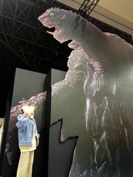 3d cardboard_cutout convention cutout engi_(animation_studio) gamera gamera_(series) gamera_-rebirth- giant giant_monster glowing glowing_eyes green_eyes highres kadokawa kaiju monster official_art open_mouth photo_(medium) promotional_art rafters sea_monster sharp_teeth shell teeth tongue turtle turtle_shell tusks