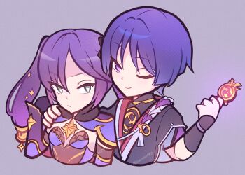 1boy 1girl aqua_eyes armor asymmetrical_bangs black_bodysuit black_bow black_gloves black_kimono black_sleeves blunt_ends bodystocking bodysuit bow brooch clenched_hand closed_mouth commentary cropped_torso detached_sleeves elbow_gloves fur_collar genshin_impact gloves gnosis_(genshin_impact) gold gold_trim hair_between_eyes hair_bow hand_on_another&#039;s_shoulder hand_up hashtag-only_commentary hetero holding japanese_armor japanese_clothes jewelry juban kimono kote kurokote layered_sleeves leotard long_hair looking_at_another mandarin_collar mona_(genshin_impact) neck_ring one_eye_closed parted_bangs pink_hair ponytail_holder purple_background purple_eyes purple_hair purple_leotard purple_rope purple_sleeves red_kimono rope scaramouche_(genshin_impact) scarasleepy shimenawa short_sleeves sideways_glance smile star_brooch strapless strapless_leotard tassel tsurime twintails twitter_username white_kimono white_rope wispy_bangs