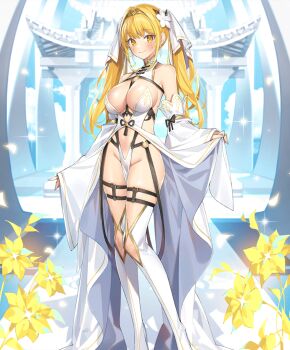 Rule 34 | 1girl, bare shoulders, belt, black ribbon, blonde hair, blue sky, breasts, bride, building, chinese clothes, chinese knot, circlet, closed mouth, clothes lift, day, detached sleeves, earrings, evertale, falling petals, flower, gold circlet, groin, hair flower, hair ornament, jewelry, journey to the west, knee cutout, large breasts, long hair, looking at viewer, o-ring, official alternate costume, official art, open clothes, outdoors, pelvic curtain, petals, popqn, revealing clothes, ribbon, shiny skin, showgirl skirt, skindentation, skirt, skirt lift, sky, sleeve ribbon, smile, solo, sparkle, standing, striped clothes, striped thighhighs, sun wukong, sun wukong (evertale), tassel, thigh belt, thigh strap, thighhighs, twintails, vertical-striped clothes, vertical-striped thighhighs, white flower, white thighhighs, yellow eyes, yellow flower