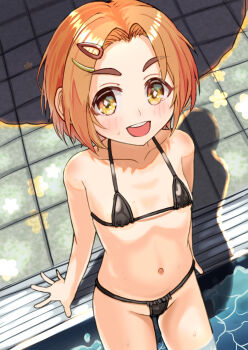 1girl :d bikini black_bikini blush breasts collarbone hair_ornament hairclip heseno highres idolmaster idolmaster_cinderella_girls loli looking_at_viewer micro_bikini navel open_mouth orange_hair pool ryuzaki_kaoru short_hair small_breasts smile solo stomach swimsuit teeth upper_teeth_only water yellow_eyes
