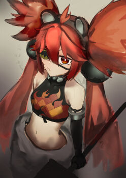 1girl ahoge animal_ears bake8 bare_shoulders bear_ears black_gloves breasts crop_top eyepatch fake_animal_ears fingerless_gloves gloves hair_between_eyes hair_ornament highres koleda_belobog long_hair looking_at_viewer midriff navel red_eyes red_hair solo sphere_hair_ornament twintails zenless_zone_zero