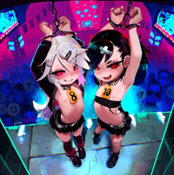 2girls arms_up bdsm black_hair black_skirt bondage bound chain commission cross_hair_ornament dagger_(fiz-rot) fishnet_thighhighs fishnets fiz-rot flat_chest grin hair_ornament hairclip highres loli making-of_available miniskirt multiple_girls nipples open_mouth original parted_lips people pleated_skirt red_eyes revision skirt smile thighhighs white_hair x_hair_ornament