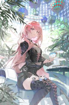 1girl absurdres aircraft arknights black_jacket black_shorts boots breasts cleavage clothing_request cup detached_collar earrings flower halo hashtag-only_commentary highres holding holding_cup holding_saucer hot_air_balloon jacket jewelry kawa683 lace-up_boots lemuen_(arknights) long_hair pink_eyes pink_hair plant saucer shorts sitting solo teacup thigh_boots traditional_halo very_long_hair wheelchair