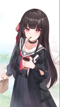 1girl arm_cutout black_choker black_hair black_jacket black_serafuku black_shirt black_skirt blush bright_pupils chisa_(wuthering_waves) choker clothing_cutout collarbone commentary food food_in_mouth hair_ribbon highres holding jacket light_blush long_hair long_sleeves looking_at_viewer mole mole_under_eye neckerchief pocky pocky_in_mouth red_eyes red_neckerchief red_ribbon ribbon rururuka sailor_collar school_uniform serafuku shirt skirt solo white_pupils white_sailor_collar wuthering_waves