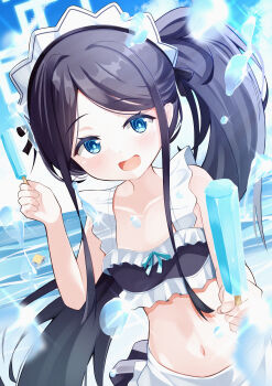 1girl alternate_costume aqua_halo aqua_ribbon aris_(blue_archive) aris_(maid)_(blue_archive) bare_arms bikini bikini_ribbon black_bikini black_hair blue_archive blue_eyes blue_sky blush breasts bright_pupils cloud cloudy_sky collarbone commentary_request day dutch_angle floating_hair food frilled_bikini frills halo highres holding holding_food holding_popsicle kei_(robot)_(blue_archive) long_hair long_sidelocks looking_at_viewer maid maid_bikini maid_headdress navel ocean official_alternate_hairstyle open_mouth outdoors parted_bangs partial_commentary ponytail popsicle punisher_art rectangular_halo ribbon ringed_eyes sidelocks sky small_breasts smile solo sparkle swimsuit unconventional_maid upper_body very_long_hair water white_headdress
