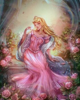 1girl adapted_costume animification aurora_(disney) blonde_hair dress highres jewelry long_hair long_sleeves looking_at_viewer makeup non-web_source red_lips roytheart simple_background sleeping_beauty_(disney) smile solo source_request tiara