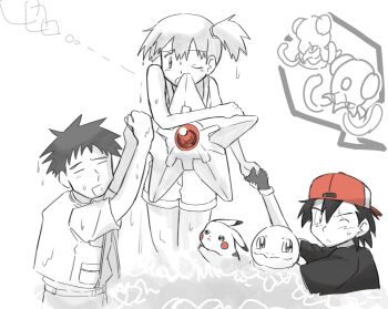 1girl 2boys ash_ketchum backwards_hat baseball_cap black_hair brock_(pokemon) closed_eyes fingerless_gloves gen_1_pokemon gloves hat highres holding_hands imagining makoto_(majime_5416) misty_(pokemon) multiple_boys nintendo one_eye_closed open_mouth partially_submerged pikachu pokemon pokemon_(anime) pokemon_(classic_anime) pokemon_(creature) ponytail shirt short_hair shorts side_ponytail squirtle tentacool wading water wet