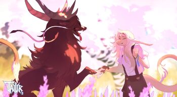 animal_focus anime_coloring blurry blurry_background claws commentary commentary_request creature dragon fluffy furry highres horns immorthis limited_palette long_hair monster original pastel_colors shirt simple_background teeth tongue watermark white_shirt