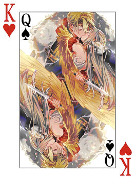 1boy 1girl absurdres blonde_hair card closed_eyes commentary_request couple dagger dimitri_alexandre_blaiddyd dimitri_alexandre_blaiddyd_(stargazing_lion) edelgard_von_hresvelg edelgard_von_hresvelg_(adorned_eagle) fire_emblem fire_emblem:_three_houses fire_emblem_heroes hetero highres holding holding_dagger holding_knife holding_weapon king_(playing_card) king_of_hearts_(playing_card) kiss knife long_hair nintendo official_alternate_costume playing_card queen_(playing_card) queen_of_spades_(playing_card) short_hair soma_otakuu weapon white_hair