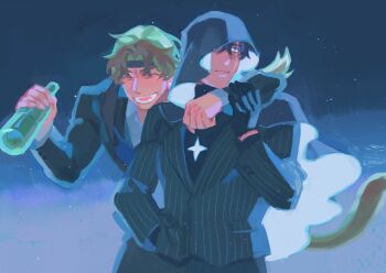 Rule 34 | 2boys, arm around neck, black gloves, black hair, black shirt, blonde hair, bottle, cloak, closed eyes, commentary, cowboy shot, curtained hair, drunk, english commentary, gloves, grin, hairband, hand in pocket, hand on another's arm, highres, holding, holding bottle, hood, hood up, hooded cloak, looking to the side, male focus, monkey tail, multiple boys, nemomosso, omniscient reader's viewpoint, scar, scar across eye, scar on face, secretive plotter, shirt, short hair, smile, star (symbol), starry sky print, striped clothes, striped vest, sun wukong (omniscient reader's viewpoint), tail, unamused, vest, yoo joonghyuk