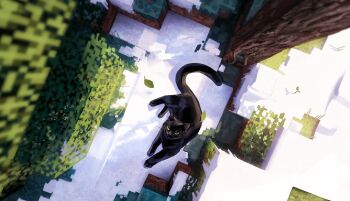 animal_focus black_cat bwspace69 cat commentary day falling_leaves from_above full_body grass highres landscape leaf minecraft no_humans original outdoors painterly scenery snow symbol-only_commentary tree