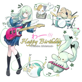 1girl absurdres bang_dream! bang_dream!_it's_mygo!!!!! black_socks blue_serafuku blue_shirt blue_skirt calico_(pattern) calico_cat character_name chinese_commentary closed_mouth commentary_request commission drum electric_guitar eyepatch full_body green_hair grey_neckerchief guitar happy_birthday highres holding holding_guitar holding_instrument if_happiness_is_a_circle_(meme) instrument keyboard_(instrument) kneehighs loafers long_hair long_sleeves looking_at_viewer meme musical_note neckerchief notice_lines pleated_skirt sailor_collar school_uniform second-party_source serafuku shirt shoes sidelocks skirt socks solo standing star_(symbol) stuffed_animal stuffed_penguin stuffed_rabbit stuffed_toy teddy_bear tsukinomori_school_uniform tu_ni_ni wakaba_mutsumi white_background white_sailor_collar winter_uniform yellow_eyes