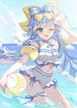 Rule 34 | 1girl, aqua bow, aqua hair, ball, beachball, bikini, blue eyes, blush, bow, braid, breasts, cleavage, colored tips, commentary request, eyewear on head, hair bow, half up braid, heart, heart-shaped eyewear, highres, hololive, holonatsu paradise, kobo kanaeru, kobo kanaeru (holonatsu paradise), long hair, looking at viewer, multicolored hair, navel, official alternate costume, official alternate hairstyle, one eye closed, small breasts, smile, solo, splashing, stomach, swimsuit, unyun, virtual youtuber, water, wet, white hair