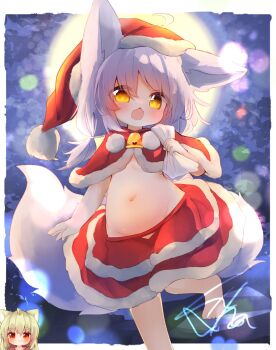 1girl ahoge animal_ear_fluff animal_ears barefoot blush capelet christmas commentary_request feet fox_ears fox_girl fox_tail fur_trim hat highres leg_up long_hair navel open_mouth original red_capelet red_hat red_skirt santa_hat skirt solo standing standing_on_one_leg stomach sunapua tail toes white_hair yellow_eyes