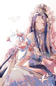 1boy absurdres black_hair blue_capelet brooch bug butterfly capelet chayaji chinese_commentary closed_eyes closed_mouth commentary_request curtained_hair dated expressionless eyeshadow facial_mark farewell_my_concubine_(the_tale_of_food) feet_out_of_frame flower forehead_mark hair_ornament headdress highres holding holding_flower insect jewelry long_hair long_sleeves makeup male_focus nail_polish parted_bangs peking_opera pom_pom_(clothes) pom_pom_hair_ornament poppy_(flower) red_eyeshadow red_flower red_nails red_robe red_veil robe simple_background sitting solo tassel the_tale_of_food veil white_background white_butterfly wide_sleeves