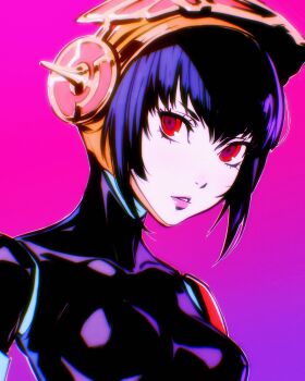 1girl absurdres android black_hair gold gold_helmet highres ilya_kuvshinov joints lips metis_(persona) persona persona_3 persona_3_reload persona_3_the_answer pink_background red_eyes robot_joints short_hair simple_background solo