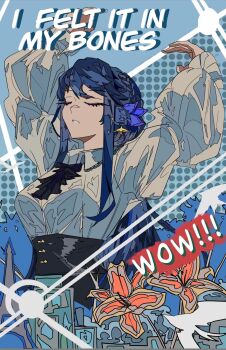 1girl animal_ears arknights arms_up astesia_(arknights) bird_ears closed_eyes collared_shirt commentary_request commission dotted_background earrings english_text flower hair_ornament highres jewelry blue_background long_sleeves open_mouth puffy_sleeves shine shirt simple_background solo standing zheizhouyemeikanfalanxitepai