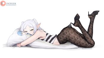 1girl absurdres arched_back ass black_pantyhose black_tank_top breasts commentary dakimakura_(object) dismaiden elf english_commentary frieren from_side full_body grey_hair high_heels highres himmel_(sousou_no_frieren) hugging_object lace_pantyhose_hooked_on_heel_(meme) long_hair looking_at_viewer lying meme on_stomach one_eye_closed pantyhose parted_bangs patreon_logo patreon_username pillow pillow_hug pointy_ears sideboob simple_background sousou_no_frieren striped_clothes tank_top thick_eyebrows twitter_username white_background white_tank_top