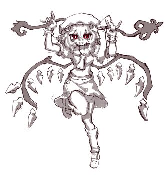 Rule 34 | 1girl, absurdres, ascot, breasts, collared shirt, commentary, crystal, crystal wings, fang, flandre scarlet, full body, greyscale, hat, highres, holding, holding weapon, korean commentary, leg up, leg warmers, looking at viewer, medium breasts, mob cap, monochrome, multicolored wings, one side up, open mouth, puffy short sleeves, puffy sleeves, rampa93, red eyes, shirt, shoes, short sleeves, skin fang, skirt, smile, solo, spot color, touhou, vest, weapon, wings, wrist cuffs