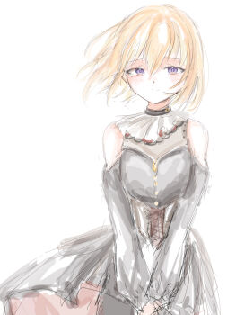 1girl absurdres bang_dream! bang_dream!_it&#039;s_mygo!!!!! black_dress blonde_hair brown_corset closed_mouth clothing_cutout commentary corset doloris_(bang_dream!) dress floating_hair hair_between_eyes highres latte_bf long_sleeves misumi_uika purple_eyes short_hair shoulder_cutout simple_background solo tearing_up white_background