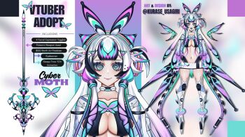 1girl absurdres adoptable android armored_boots arthropod_girl blue_eyes blue_tongue boots breasts cable closed_mouth collar collarbone colored_tongue commentary detached_sleeves detached_wings double-parted_bangs english_commentary hair_ornament hairclip highres insect_girl kurase_usagiri large_breasts long_hair looking_at_viewer microskirt moth_girl multicolored_hair multiple_views navel open_mouth original skirt smile symbol-shaped_pupils thigh_boots virtual_youtuber weapon white_boots white_collar white_hair white_skirt wings