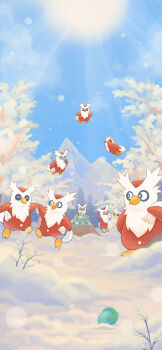 absurdres berry black_eyes bright_pupils commentary_request day delibird gen_2_pokemon highres nintendo no_humans official_art outdoors pokemon pokemon_(creature) pokemon_focus sky snow snow_sculpture sun tree tree_stump white_pupils