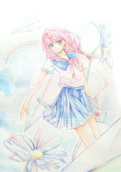 Rule 34 | 1girl, aqua eyeshadow, artist name, bare arms, blue sailor collar, blue skirt, braid, chinese commentary, closed mouth, collarbone, commentary request, cowboy shot, daisy (flower), day, envelope, eyelashes, eyeshadow, floating, floating hair, flower, happy, high-waist skirt, highres, holding, holding envelope, light blush, long hair, looking at viewer, love letters to the sky (miracle nikki), low twin braids, makeup, miniskirt, miracle nikki, muriel miaoke, neckerchief, nikki (series), outdoors, outline, painting (medium), paper airplane, pink hair, pink neckerchief, pleated skirt, purple eyes, sailor collar, school uniform, serafuku, shirt, short sleeves, skirt, smile, solo, traditional media, twin braids, watercolor (medium), wax seal, white flower, white outline, white shirt