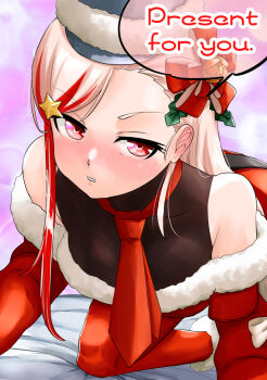 1girl all_fours blonde_hair commentary_request dress english_text hat highres kantai_collection long_hair massachusetts_(christmas)_(kancolle) massachusetts_(kancolle) multicolored_hair necktie nekotarou_(nktr299) red_dress red_hair red_hat red_necktie red_thighhighs solo streaked_hair thighhighs turtleneck undershirt